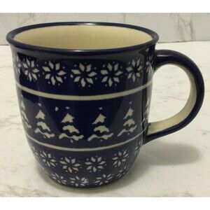 Polish Pottery Coffee Mug 12 Oz Blue Snowflakes